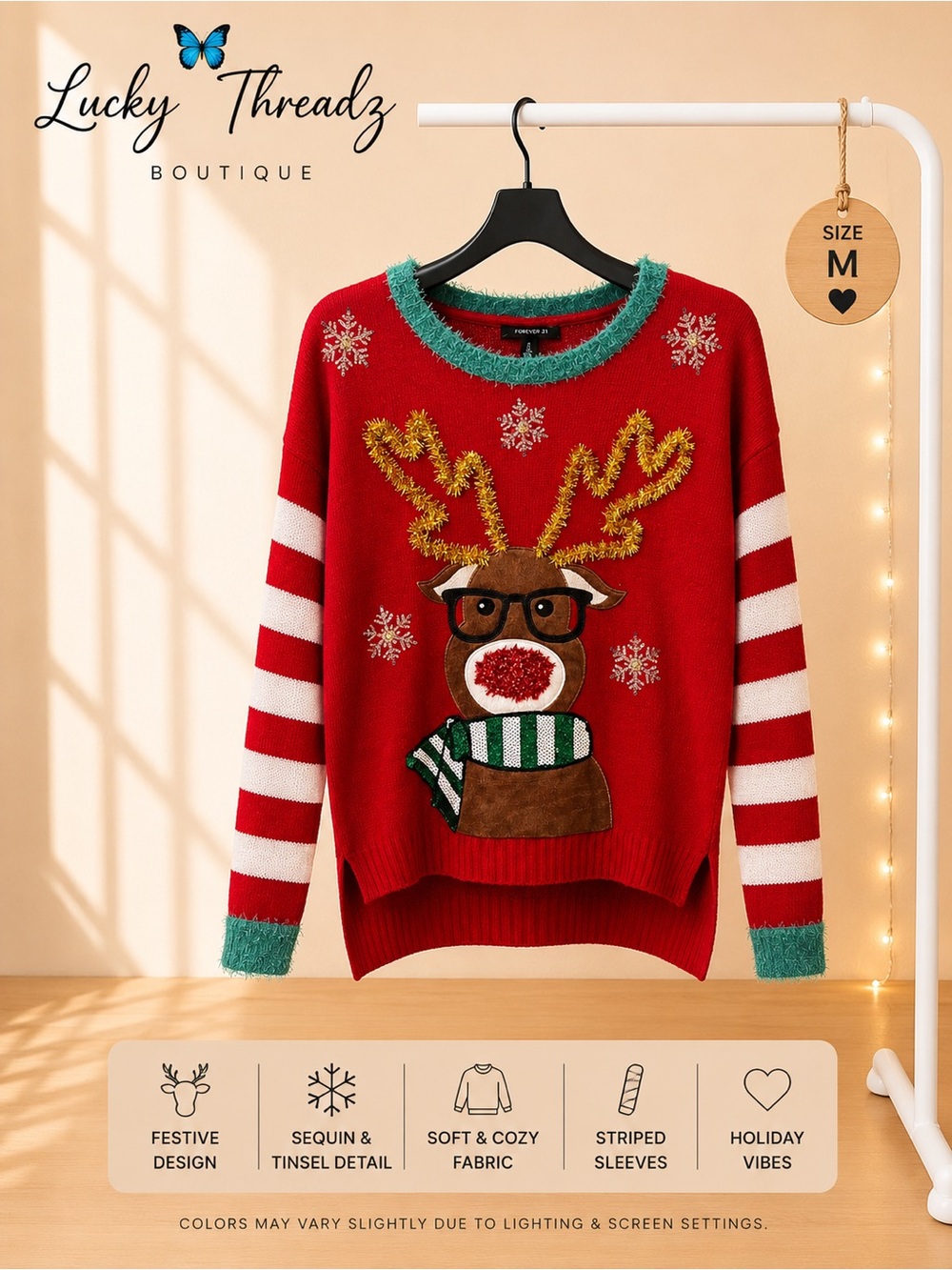 Red Rudolph Reindeer Ugly Christmas Sweater Sequin Tinsel Holiday Medium